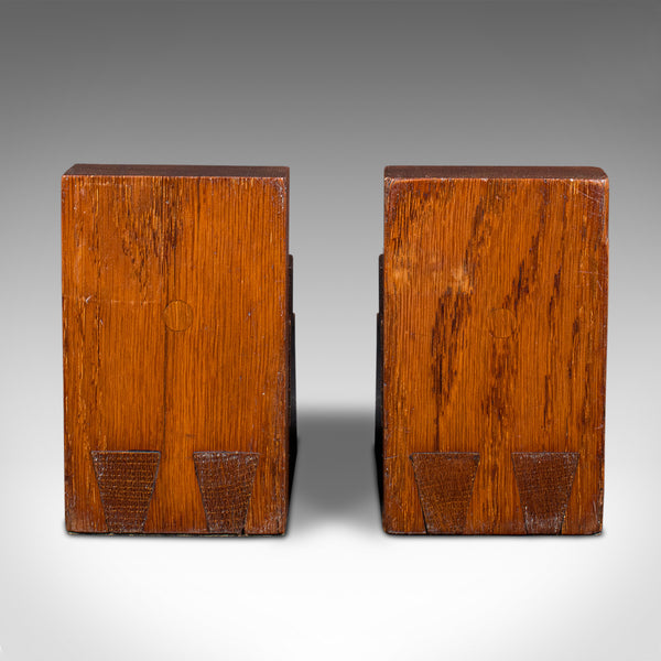 Pair Of Vintage Decorative Bookends, English, Oak, Book Rest, Art Deco, C.1940