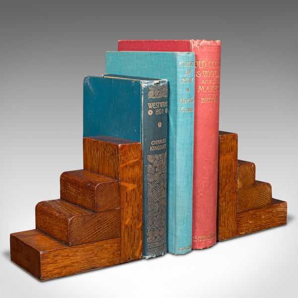 Pair Of Vintage Decorative Bookends, English, Oak, Book Rest, Art Deco, C.1940