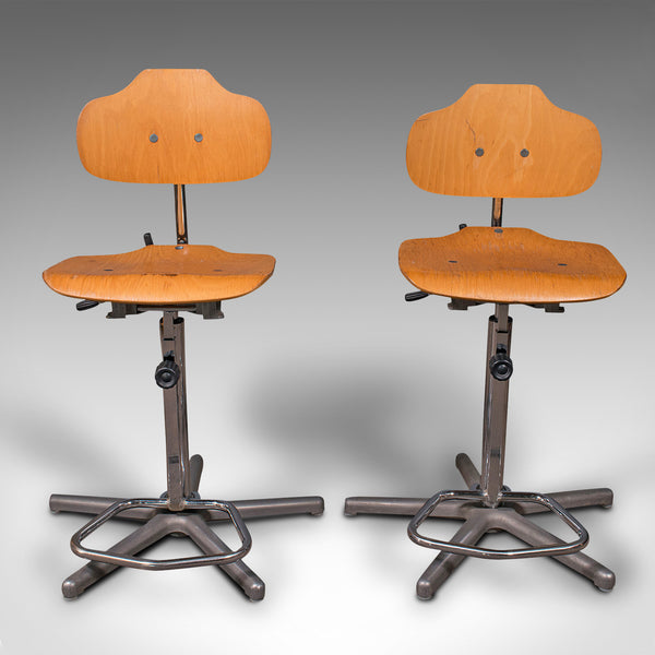 Pair Of Vintage Laboratory Chairs, German, Beech, Adjustable, Bar Stool, Kitchen