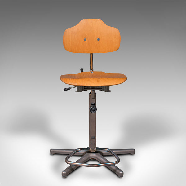 Pair Of Vintage Laboratory Chairs, German, Beech, Adjustable, Bar Stool, Kitchen