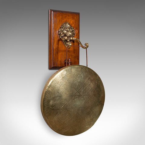 Antique Hanging Dinner Gong, English, Brass, Oak, Decorative, Victorian, C.1880