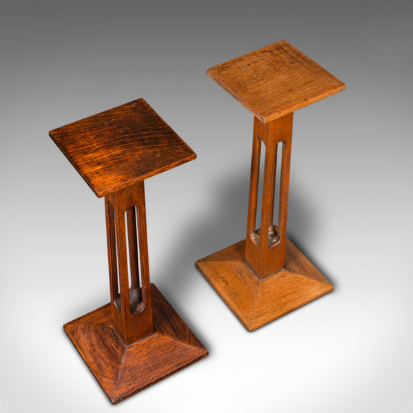 Pair Of Antique Statue Stands, English, Oak, Pedestal, Torchere, Edwardian, 1910