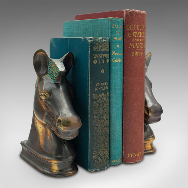 Pair Of Vintage Horse Bust Bookends, English, Cast Brass, Decorative, Novel Rest