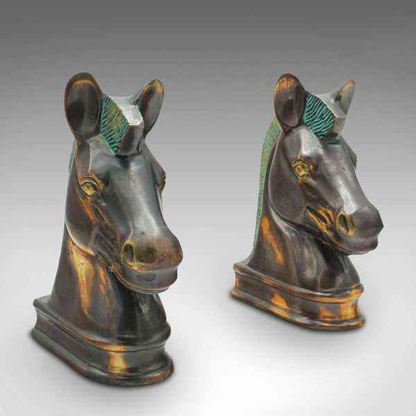 Pair Of Vintage Horse Bust Bookends, English, Cast Brass, Decorative, Novel Rest