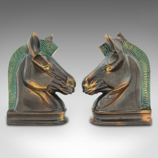 Pair Of Vintage Horse Bust Bookends, English, Cast Brass, Decorative, Novel Rest