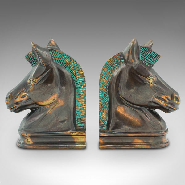 Pair Of Vintage Horse Bust Bookends, English, Cast Brass, Decorative, Novel Rest