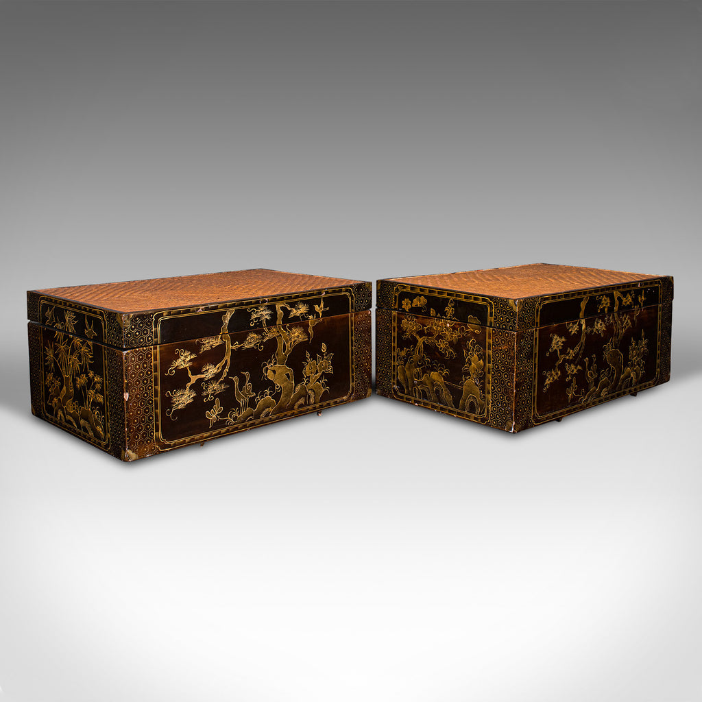 Pair Of Vintage Decorative Trunks, Japanese, Lacquered, Bamboo, Art