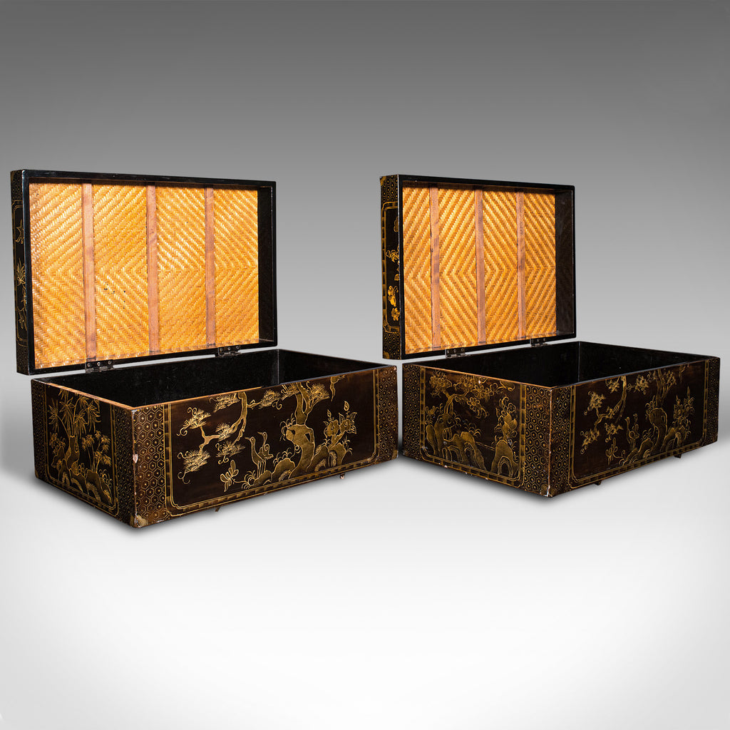 Pair Of Vintage Decorative Trunks, Japanese, Lacquered, Bamboo, Art