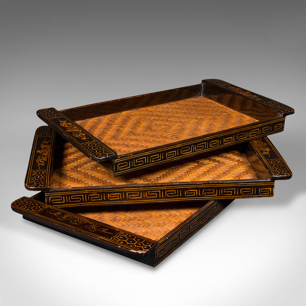 Trio Of Vintage Dinner Trays, Japanese Lacquer Serving Platter, Bamboo, Art Deco