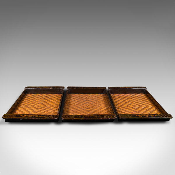 Trio Of Vintage Dinner Trays, Japanese Lacquer Serving Platter, Bamboo, Art Deco