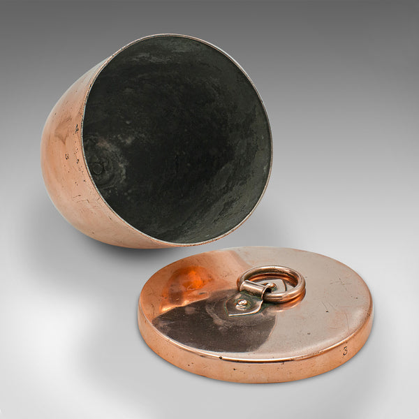 Pair Of Antique Ice Cream Moulds, English Copper Lidded Pots, Harrods, Victorian