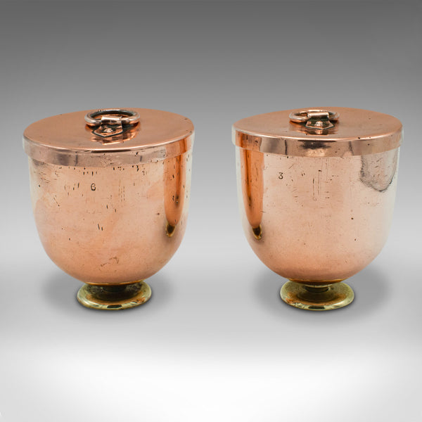 Pair Of Antique Ice Cream Moulds, English Copper Lidded Pots, Harrods, Victorian