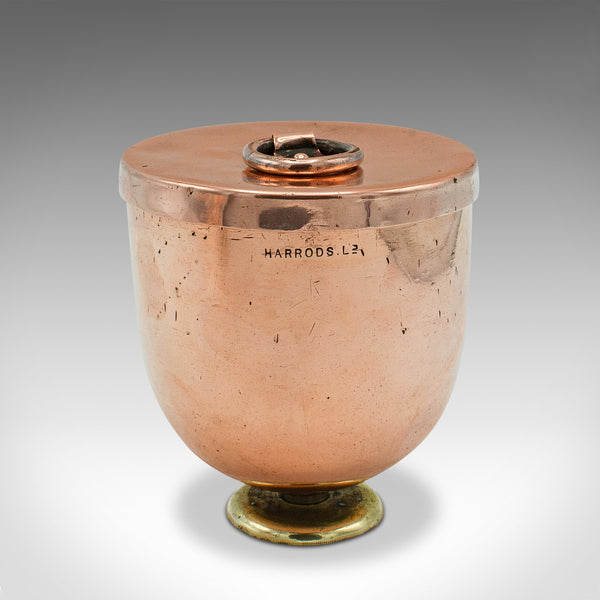 Pair Of Antique Ice Cream Moulds, English Copper Lidded Pots, Harrods, Victorian