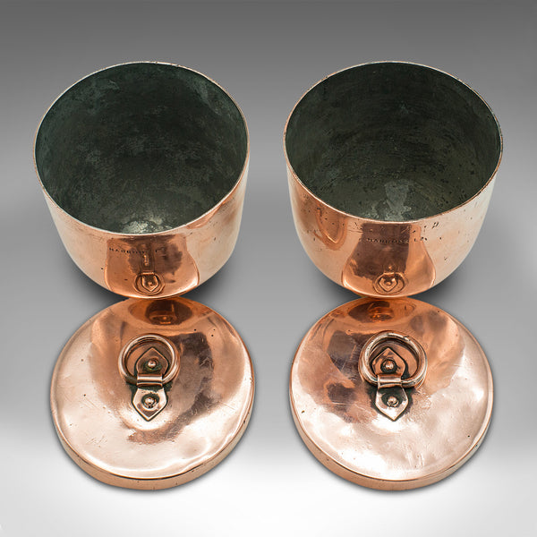 Pair Of Antique Ice Cream Moulds, English Copper Lidded Pots, Harrods, Victorian