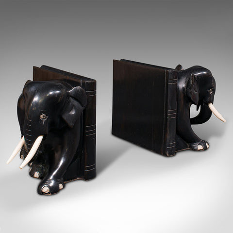 Pair Of Small Antique Elephant Bookends, Indian, Ebony, Novel Rest, Victorian