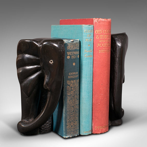 Pair Of Antique Hand Carved Elephant Bookends, African, Book Rest, Victorian