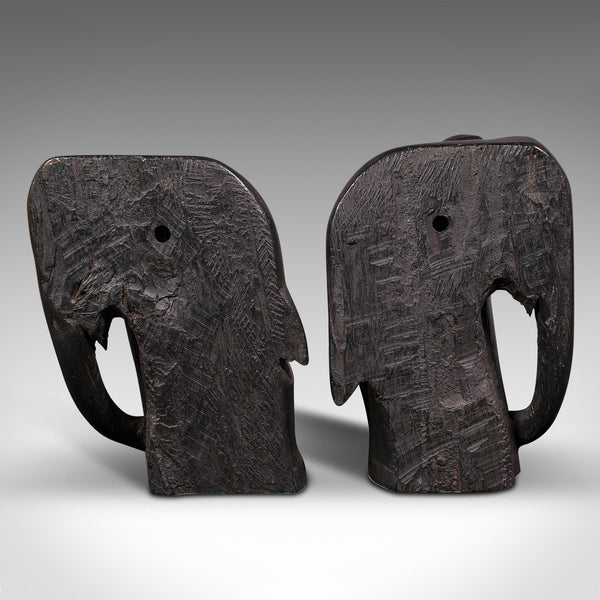 Pair Of Antique Hand Carved Elephant Bookends, African, Book Rest, Victorian