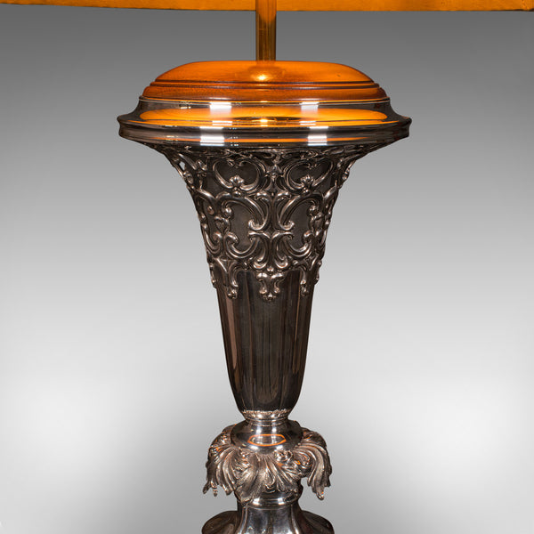 Large Antique Table Lamp, English Silver Plate, Walnut, Light, Victorian, C.1900