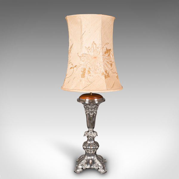 Large Antique Table Lamp, English Silver Plate, Walnut, Light, Victorian, C.1900