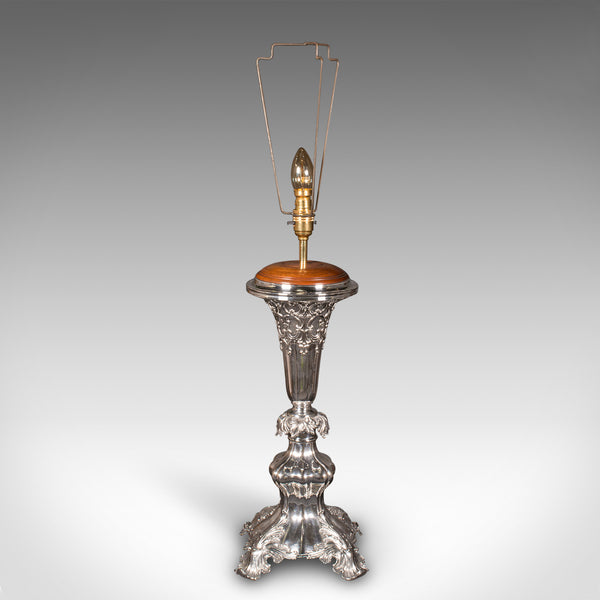 Large Antique Table Lamp, English Silver Plate, Walnut, Light, Victorian, C.1900