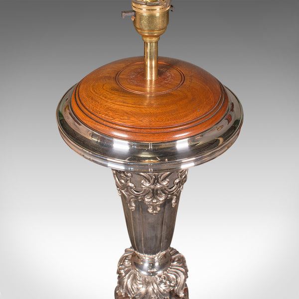 Large Antique Table Lamp, English Silver Plate, Walnut, Light, Victorian, C.1900