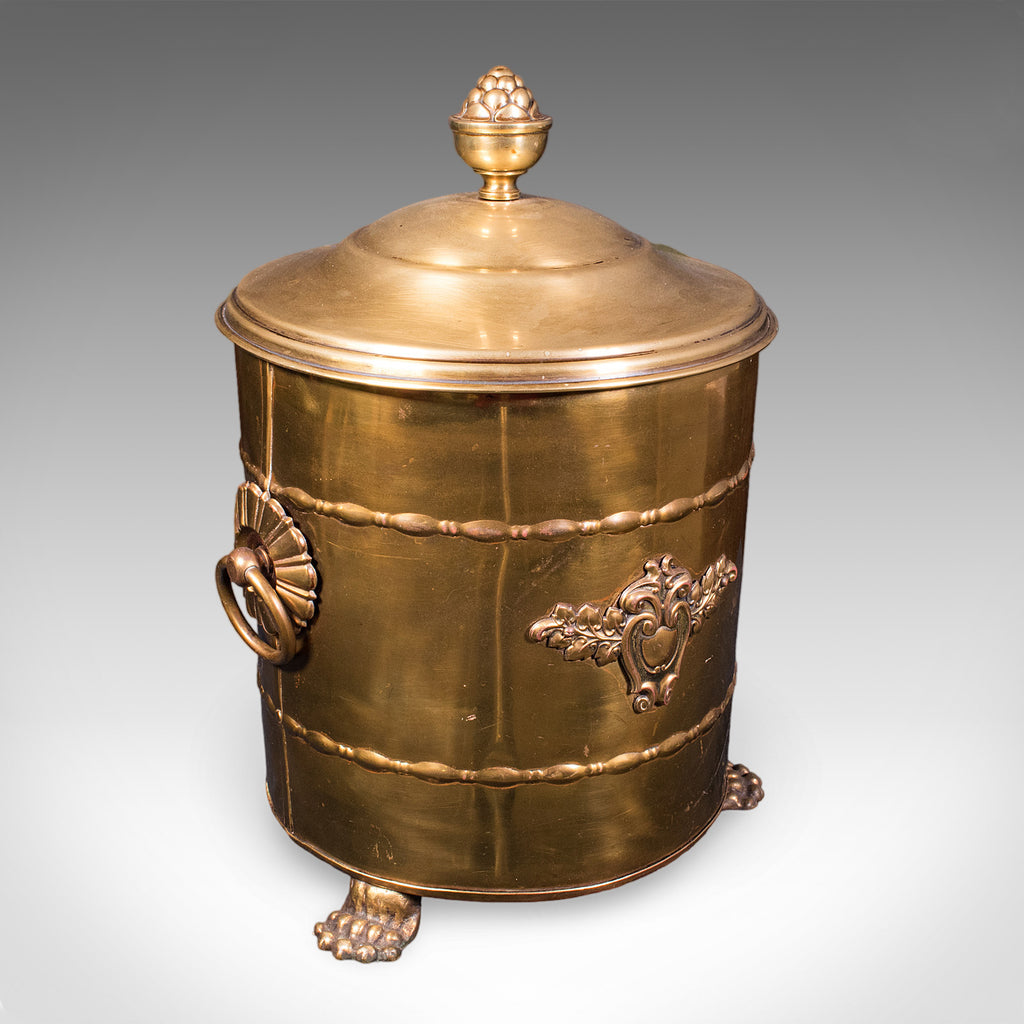 Antique Coal Bin, English, Brass, Fireside Log Store, Kindling Basket, Edwardian
