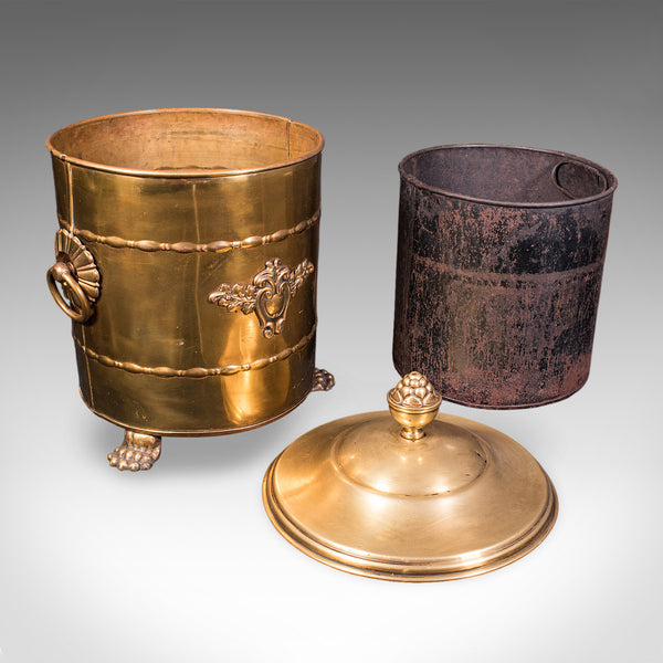 Antique Coal Bin, English, Brass, Fireside Log Store, Kindling Basket, Edwardian