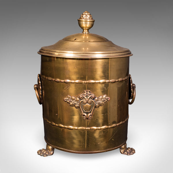 Antique Coal Bin, English, Brass, Fireside Log Store, Kindling Basket, Edwardian