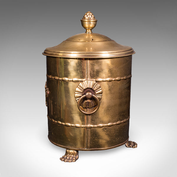 Antique Coal Bin, English, Brass, Fireside Log Store, Kindling Basket, Edwardian