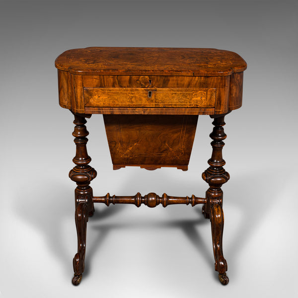Antique Ladies Work Table, English, Walnut, Writing, Waring & Gillow, Victorian