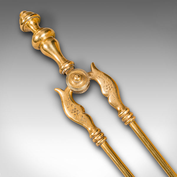 Antique Companion Set, Fireside Tools, English, Brass, Shovel, Tongs, Victorian