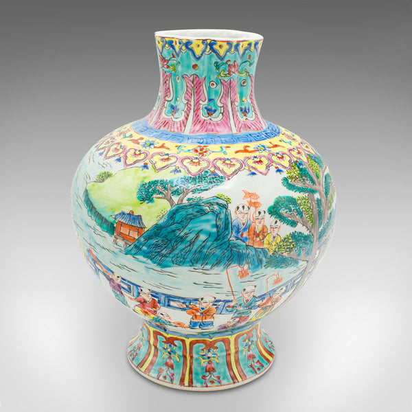 Vintage Oriental Baluster Vase, Chinese Ceramic Flower Urn, Polychrome, Art Deco
