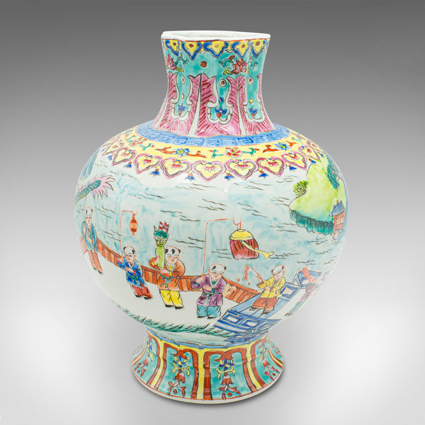 Vintage Oriental Baluster Vase, Chinese Ceramic Flower Urn, Polychrome, Art Deco