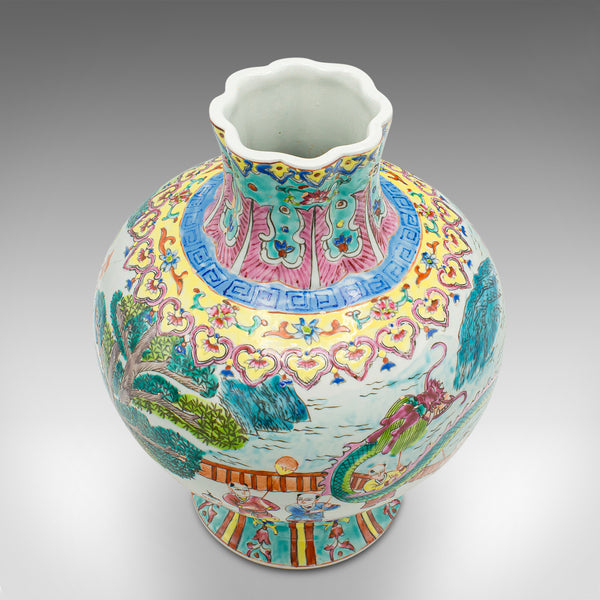 Vintage Oriental Baluster Vase, Chinese Ceramic Flower Urn, Polychrome, Art Deco