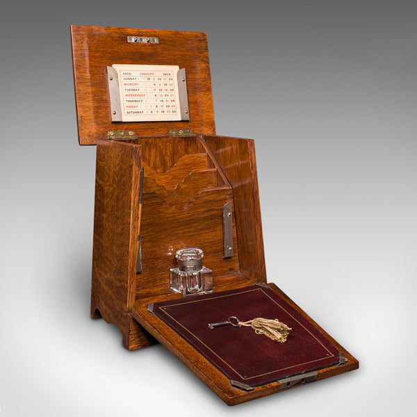 Antique Desktop Stationery Box, English, Oak, Arts & Crafts, Victorian, C.1890