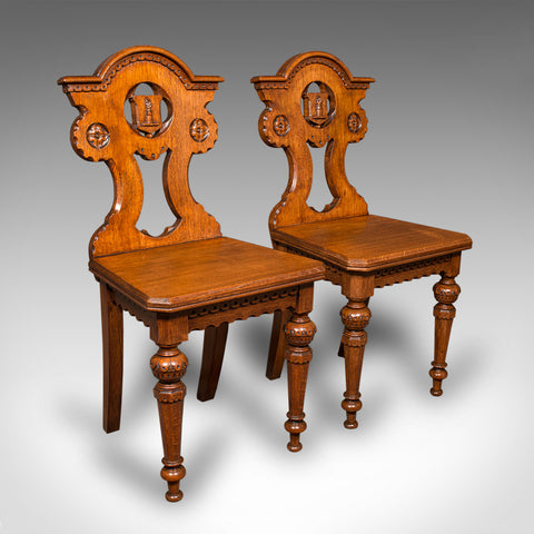 Pair Of Antique Hall Chairs, Scottish, Oak, Seat, Arts & Crafts Taste, Victorian