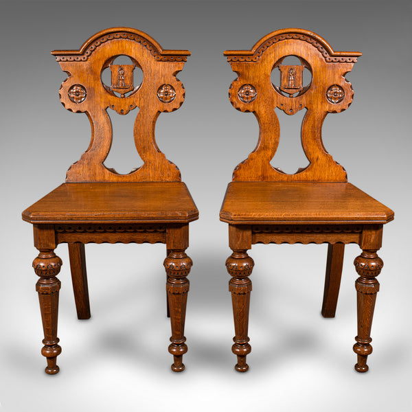 Pair Of Antique Hall Chairs, Scottish, Oak, Seat, Arts & Crafts Taste, Victorian