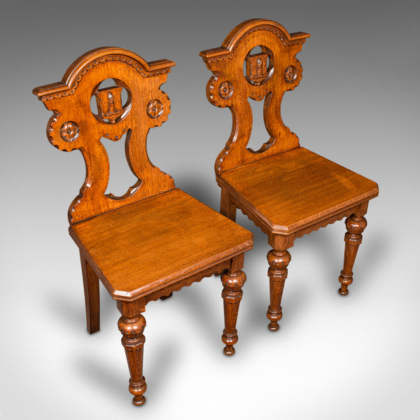 Pair Of Antique Hall Chairs, Scottish, Oak, Seat, Arts & Crafts Taste, Victorian