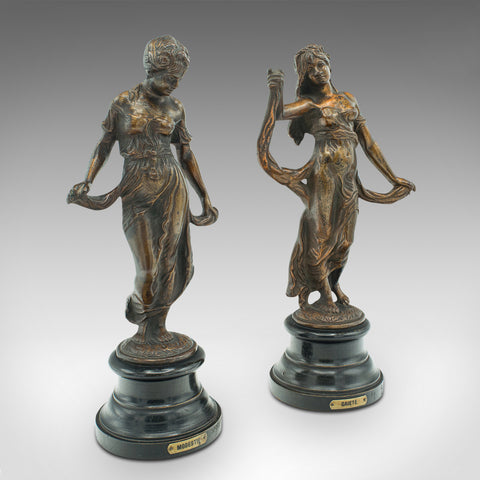 Pair Of Antique Virtue Figures, French, Bronze, Statue, Art Nouveau, Victorian