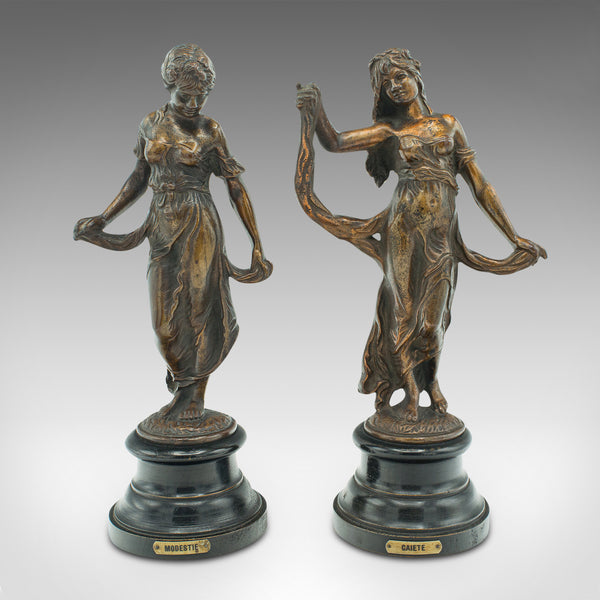 Pair Of Antique Virtue Figures, French, Bronze, Statue, Art Nouveau, Victorian