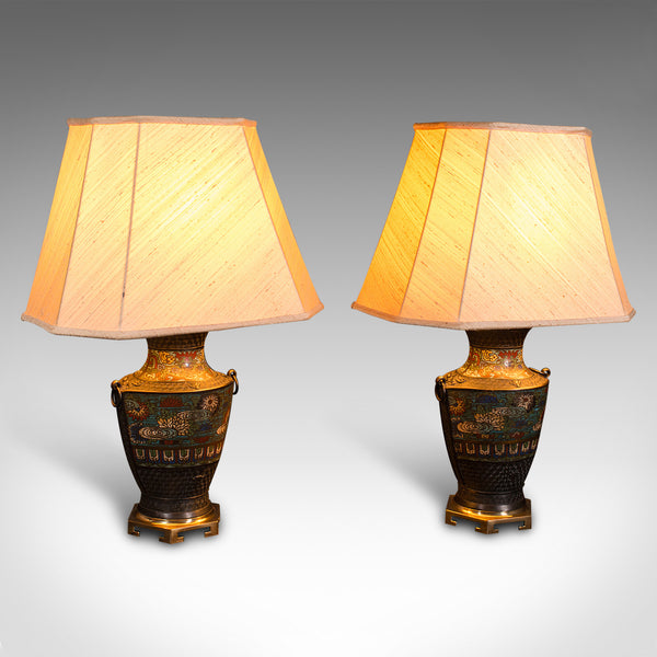 Pair Of Antique Decorative Lamps, Japanese, Bronze, Table Light, Victorian, 1880