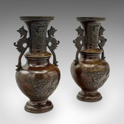 Pair Of Antique Decorative Urns, Japanese, Bronze, Vase, Edo Period, Victorian