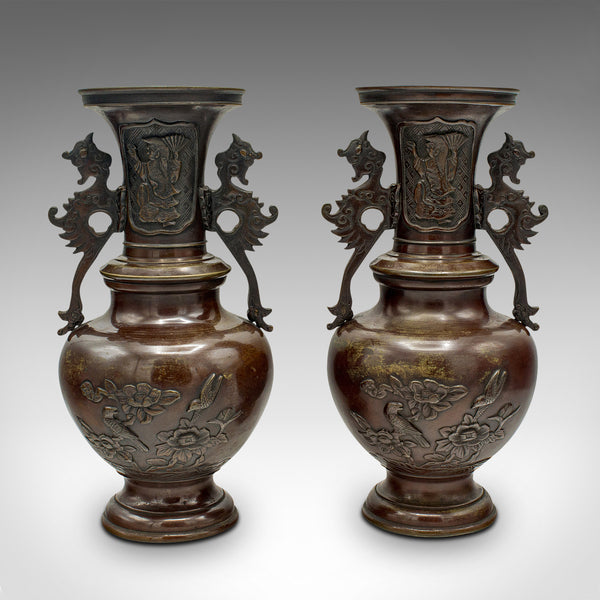 Pair Of Antique Decorative Urns, Japanese, Bronze, Vase, Edo Period, Victorian