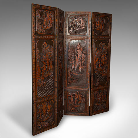 Heavy Vintage Privacy Screen, Chinese, Carved, 4 Fold, Room Divider, Art Deco
