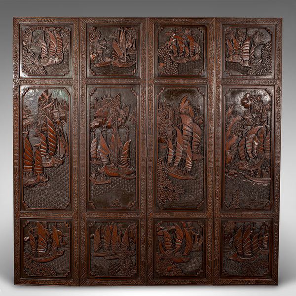 Heavy Vintage Privacy Screen, Chinese, Carved, 4 Fold, Room Divider, Art Deco