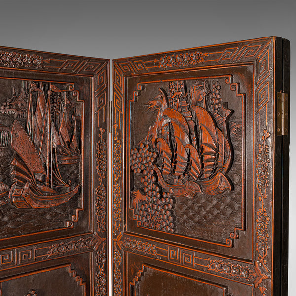 Heavy Vintage Privacy Screen, Chinese, Carved, 4 Fold, Room Divider, Art Deco