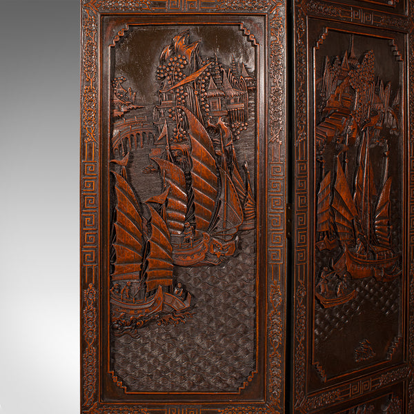 Heavy Vintage Privacy Screen, Chinese, Carved, 4 Fold, Room Divider, Art Deco
