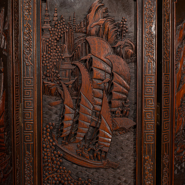 Heavy Vintage Privacy Screen, Chinese, Carved, 4 Fold, Room Divider, Art Deco