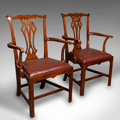 Pair Of Antique Carver Chairs, English, Elbow Seat, Chippendale Taste, Georgian