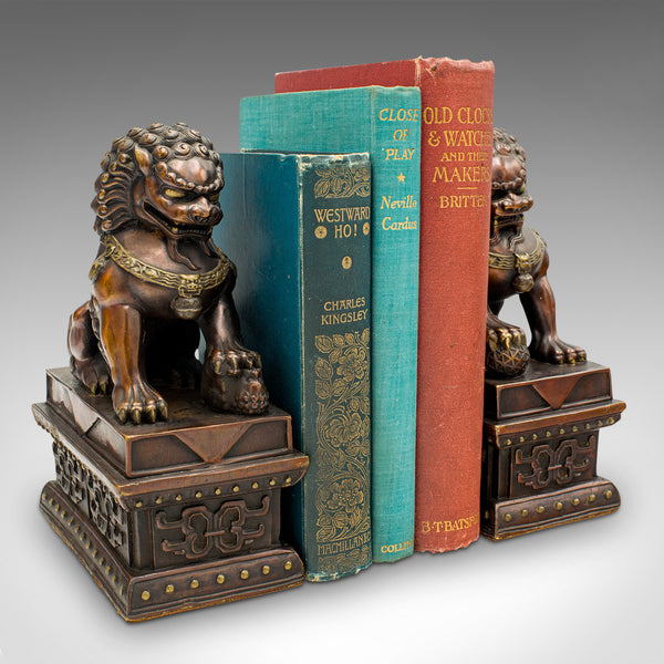 Pair Of Vintage Imperial Lion Statues, Chinese, Bronze, Bookends, Art Deco, 1940